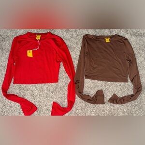 Daisy Long-Sleeve Crop Tops in Red and Brown (set of 2)